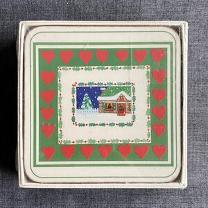 Vintage Christmas Hearts Six Coaster Set Cork Back English Life